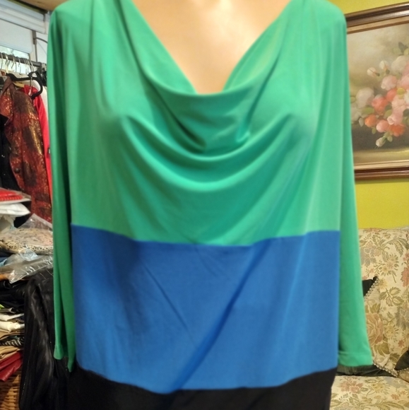 CHAUS MULTI COLOR JERSEY COWL NECK TOP BLACK,GREEN, BLUE ,LONG SLEEVE,M/L - Picture 1 of 4